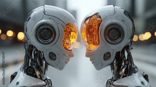 Two white robots with glowing orange eyes facing each other androids artificial intelligence