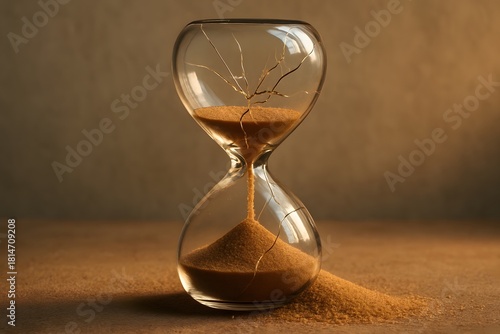 Cracked hourglass with sand spilling onto a surface showing time decay