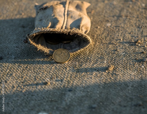 A damaged coin pouch with a single coin in sunlight outdoors