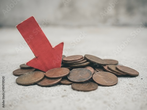 Red arrow pointing downward near tarnished pennies signifying loss
