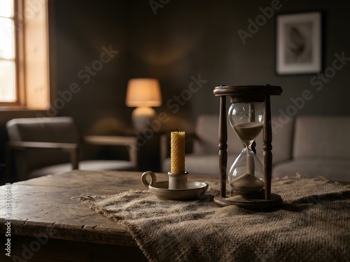 Hourglass beside an unlit candle on a textured table top