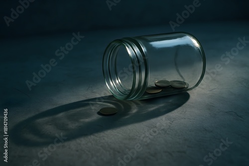 Glass jar with coins inside laying on its side creating shadows