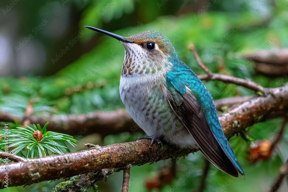 Fototapeta premium Hummingbird perched on branch in forest