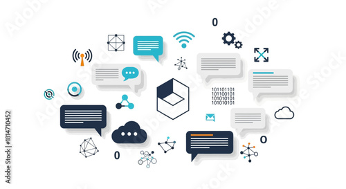 Modern communication tech icons showcase digital network, cloud computing, data analytics, and internet concepts for business and technology solutions