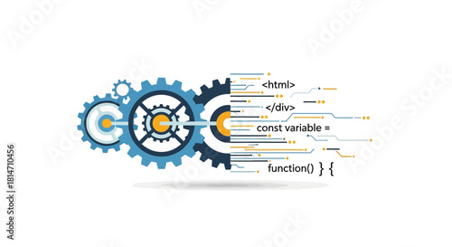 Dynamic tech industry concept with gears and code snippets, showing innovation and connectivity for modern software development and digital solutions