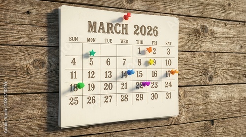 A vintage-style calendar page, pinned to a rustic wooden background, showcases the month of March 2026. The calendar is marked with several colorful push pins.