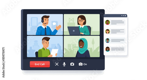 Modern virtual meeting of diverse team members collaborating remotely online, ideal for business presentations, webinars, or educational sessions