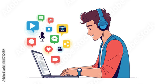 Connect with the World Online Young Man Enjoying Social Media on His Laptop with Headphones On, Digital Nomad Lifestyle, Perfect for Tech Startup Marketing