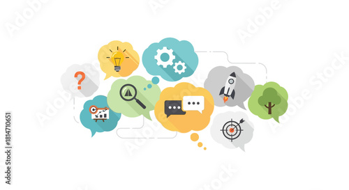 Brainstorming new ideas and strategies for business growth with creative thinking and problem solving icons in speech bubbles, perfect for presentations