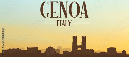 Panoramic poster of the city skyline with misty background buildings, hills sunrise, sunset and clouds of GENOA, ITALY