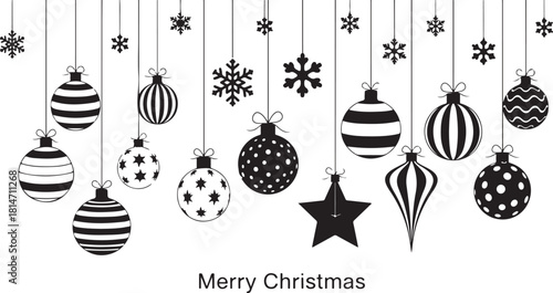 Festive hanging decorations with Christmas tree ornaments, stars and snowflake elements, illustrated in a clean seasonal vector style.eps