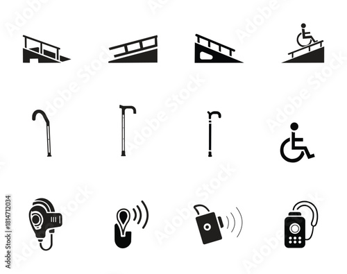 Set of Accessibility and Disability Support Icons Including Ramps, Walking Canes, Wheelchair Symbol and Hearing Devices