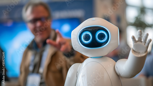 White robot with glowing blue eyes and raised hand waving artificial intelligence technology