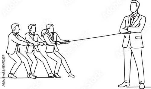 Continuous line art drwaing Business team pulling rope against successful businessman. vector illustration