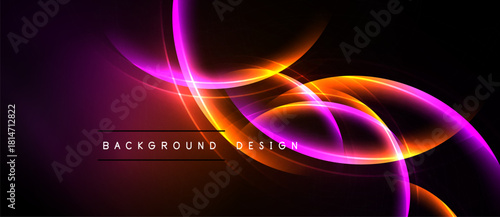 Abstract neon lines create dynamic flow. Vibrant purple, orange hues dominate dark background. Modern design element.