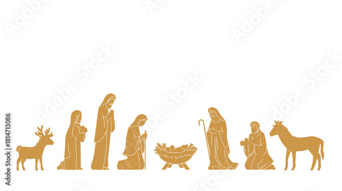 Monochrome silhouette nativity scene with baby Jesus and holy family including animals