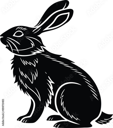 Solid black silhouette of a rabbit sitting with long ears, simple minimal vector clip art, isolated on transparent background. Cute animal symbol.
