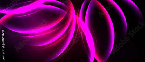 Abstract pink glowing shapes dominate black background. Smooth curves create dynamic visual impact, suggesting energy, movement.