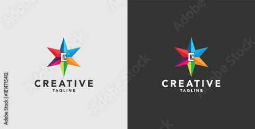 Digital colorful abstract icons, elements and symbols with initial E logo, template