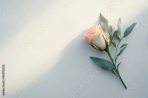 Delicate pink rose bud with fresh green leaves lying on a clean white background, creating a soft, minimal aesthetic