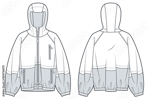 Raincoat technical fashion sketch. Hooded zip-up Jacket fashion flat technical drawing template, pockets, oversize, front and back view, white, grey, women, men, unisex Outerwear CAD mockup.