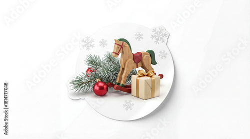 Stylish Christmas kids sticker: toy and gift with pine branch and ornaments, subtle snowflakes, realistic 3D style, white background, ready for social media.