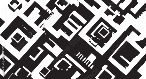 High-contrast abstract geometric pattern with interlocking squares and bold black and white shapes.