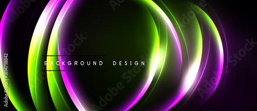 Abstract vibrant layers create luminous effect. Modern design features flowing curves, bold colors, dark background.
