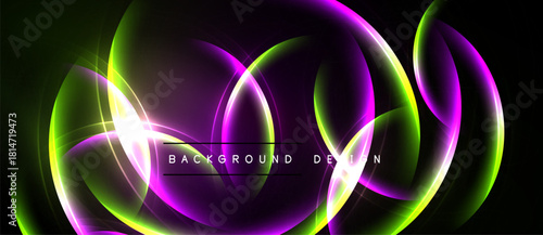 Abstract neon lights form flowing curves, vibrant purple, green hues. Dark background emphasizes luminous design elements. Modern, dynamic composition.