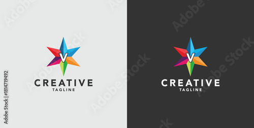Digital colorful abstract icons, elements and symbols with initial V logo, template
