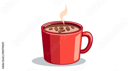 Hot chocolate mug in red ceramic cup with coffee beans on white background