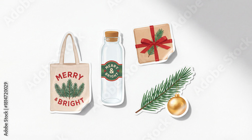 Stylish Christmas eco sticker: reusable bag and sustainable gift with pine branch and ornament, realistic, 3D, minimal white background, social media-ready.