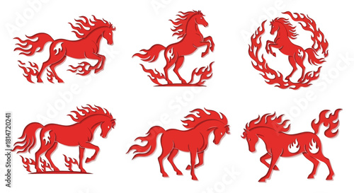 Six red horses with fiery manes and tails are displayed against a white background