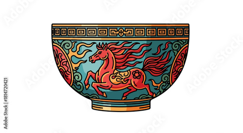 Decorated bowl red horse gallops on bluegreen surface with swirls bordered by geometric patterns