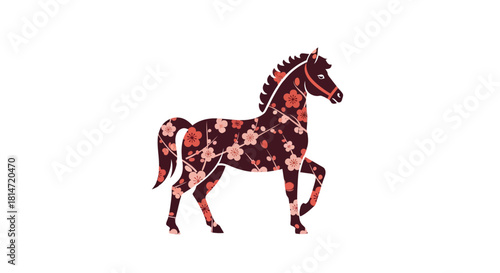 A horse silhouette filled with a floral pattern standing on a white background