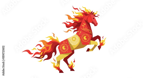 A geometric red horse with yellow accents rearing flames licking its legs and mane against a white backdrop