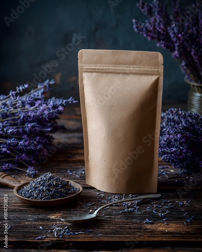 Rustic Lavender Product Display with Brown Paper Bag and Silver Spoon on Wooden Surface showcasing aromatherapy and relaxation with floral elements evoking natural wellness and herbal remedies 