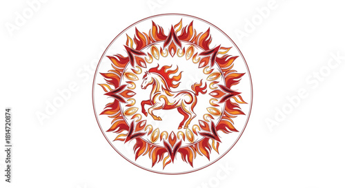 A circular design with a fire horse surrounded by flames and ornamental shapes