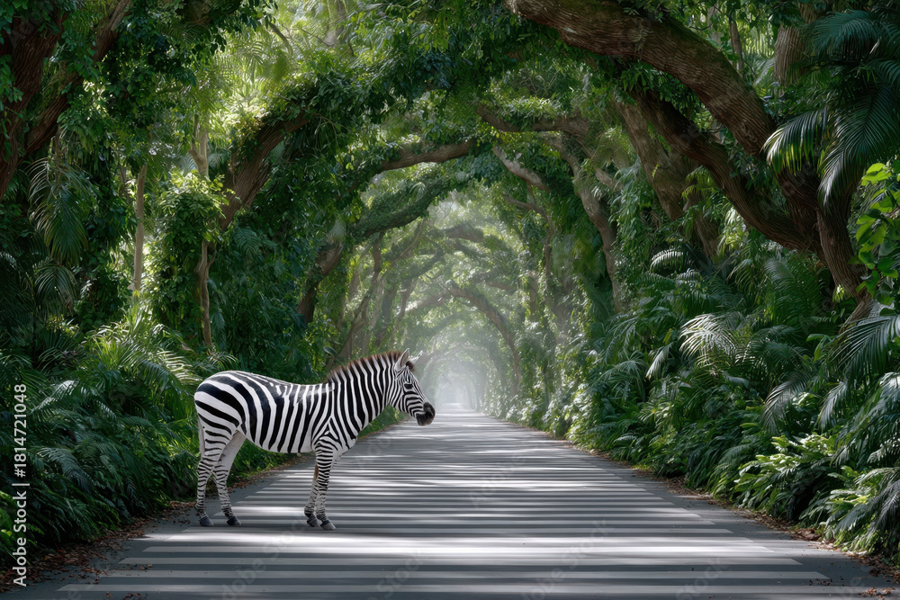 Obraz premium Zebra walking along a misty road surrounded by lush green trees in daylight