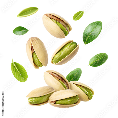 Pistachios and leaves falling against a black background