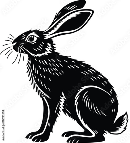 Solid black silhouette of a rabbit sitting with long ears, simple minimal vector clip art, isolated on transparent background. Cute animal symbol.
