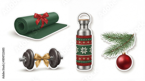 Stylish Christmas fitness sticker: yoga mat, water bottle, dumbbell with pine branch and ornament, realistic 3D, white background, social media-ready.