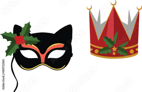 Set of vector festive party accessories: black cat mask decorated with holly and a christmas king or queen crown with holly garland and stars, isolated on white background.