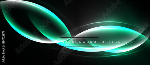 Abstract neon lines form leaf shapes against dark backdrop. Vibrant green, turquoise hues create modern design element.