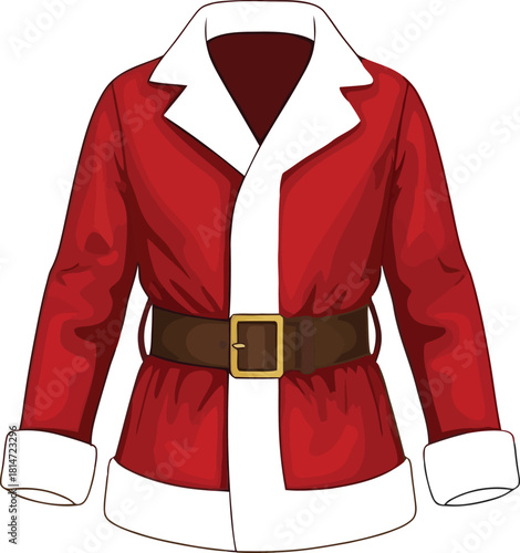 Red and white santa claus jacket with black belt and golden buckle, Christmas outfit vector illustration, festive winter holiday costume design for celebration.