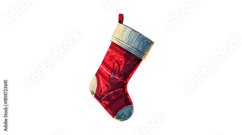 A red and blue patterned christmas stocking on white background