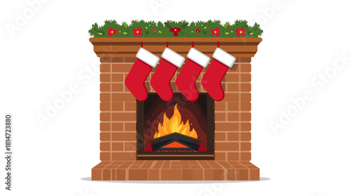 Four red christmas stockings above fire in brick fireplace with garland