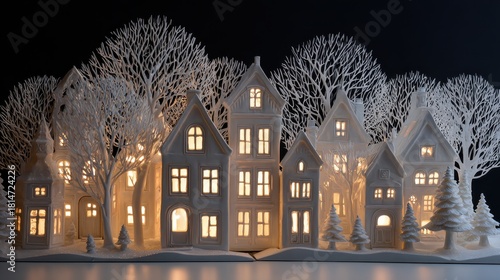 Fototapeta Naklejka Na Ścianę i Meble -  Enchanting winter village scene with illuminated miniature houses and frosted trees glowing warmly against a dark night sky
