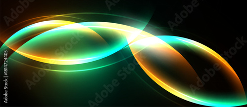 Abstract flowing shapes, vibrant colors, dynamic light effects. Smooth gradients create futuristic visual experience.