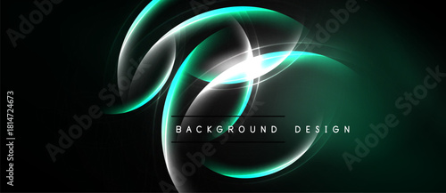 Abstract design features glowing curves, teal highlights, dark background. Modern aesthetic, sleek lines create dynamic visual impact.